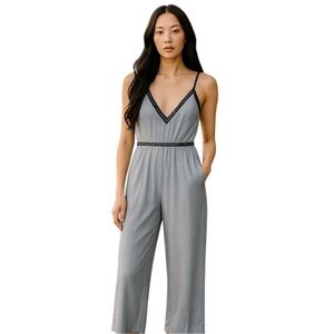 JAPNA Seersucker Pinstriped Embroidered Wide Leg Jumpsuit Size Large